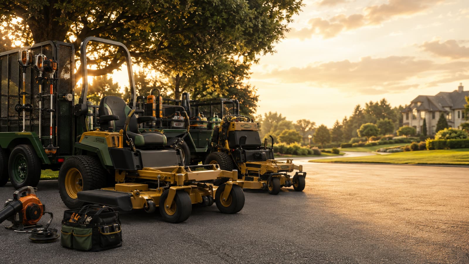 Commercial zero-turn mowers and a utility vehicle staged on a driveway before a job