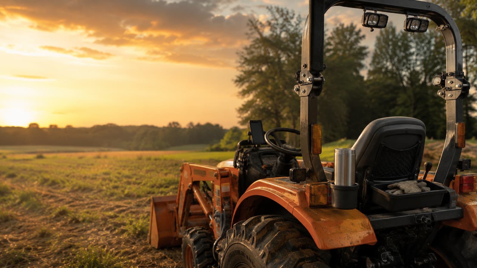 Operator station of a compact tractor with a loader, parked in a field at sunrise
