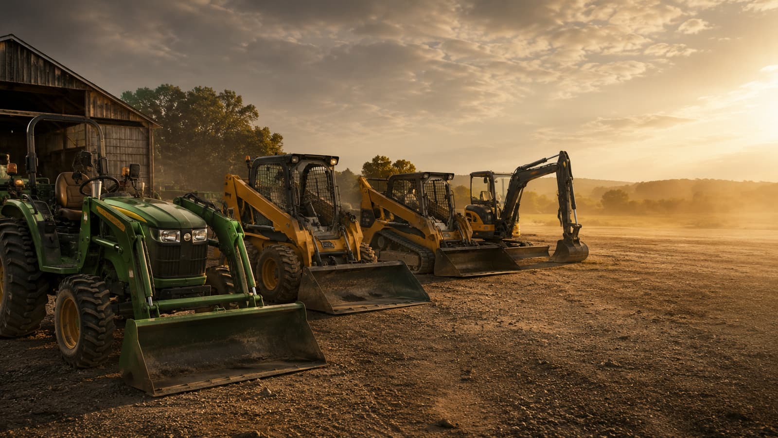 A compact tractor, skid-steer loader and mini excavator lined up on a jobsite at dawn
