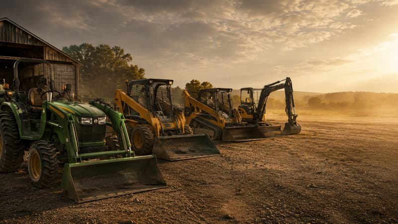 A compact tractor, skid-steer loader and mini excavator lined up on a jobsite at dawn