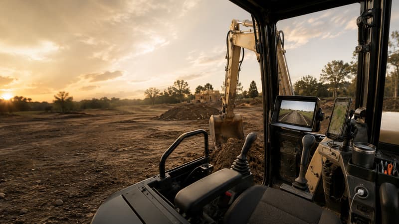 Mini excavator cab interior with joystick controls and a grade display screen