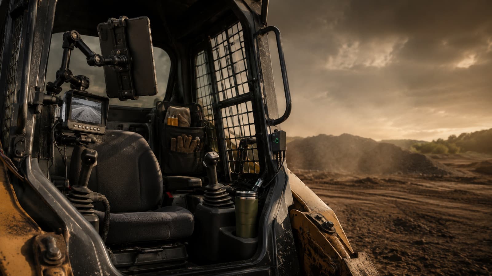 Interior of a skid-steer loader cab showing the seat, joystick controls and front glass