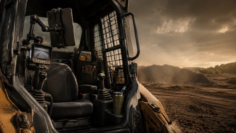 Interior of a skid-steer loader cab showing the seat, joystick controls and front glass