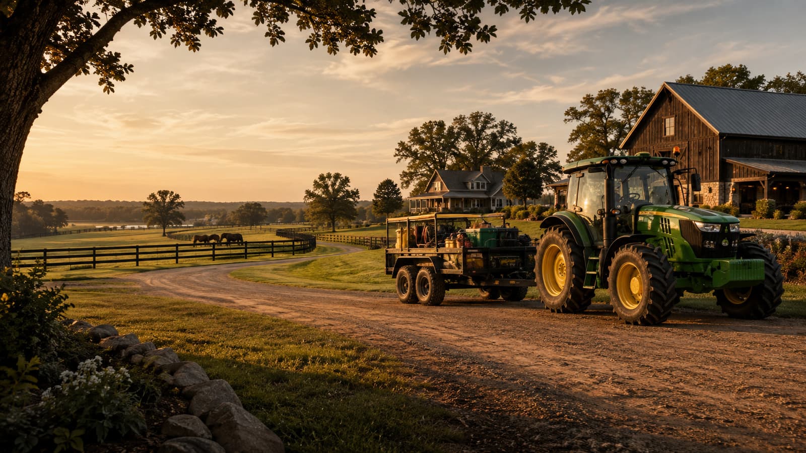 Utility tractor and a trailer parked on a gravel drive beside a barn at golden hour
