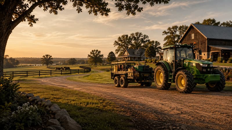 Utility tractor and a trailer parked on a gravel drive beside a barn at golden hour